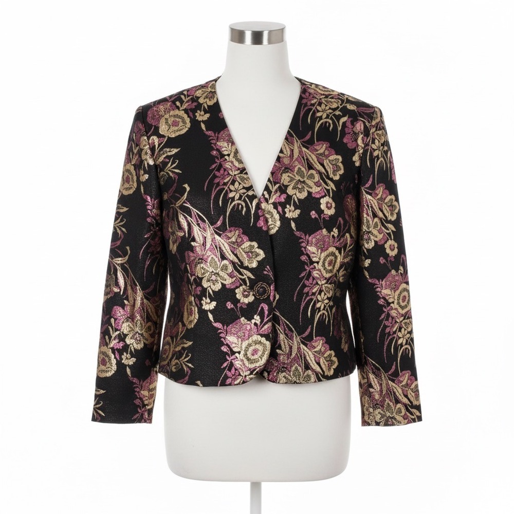 Ellen D Blazer Large‎ Cropped Brocade Floral Black Gold Pink Club Party Glam Y2K